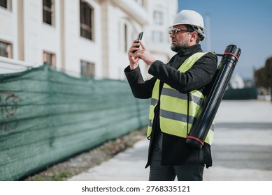 A construction engineer wearing a hard hat and high visibility vest uses a smartphone while carrying a blueprint tube. He inspects a building site, combining field planning and digital communication.