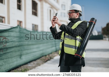 A construction engineer wearing a hard hat and high visibility vest uses a smartphone while carrying a blueprint tube. He inspects a building site, combining field planning and digital communication.
