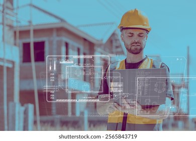 Construction engineer worker using modern innovation computer technology for design and working overlay graphic interface element