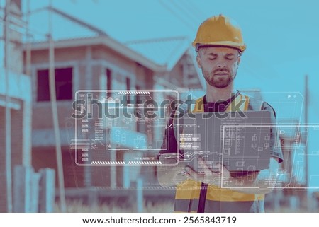 Construction engineer worker using modern innovation computer technology for design and working overlay graphic interface element