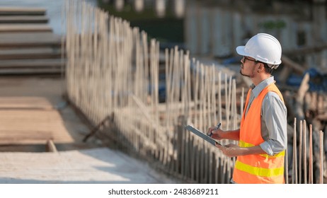 Construction engineer working on a bridge construction site over a river,Civil engineer supervising work,Foreman inspects work at a construction site