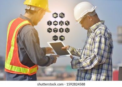 Construction Engineering holding tablet and choice tools equipment application on tablet technology to work building construction concept work easy by technology