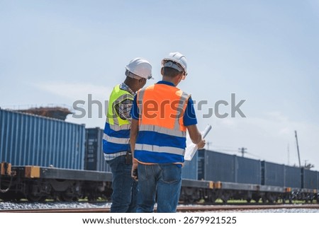 Construction Engineers Discussing Plans at a Rail Yard, Rear View of Workers in Hard Hats Examining Blueprints, Supervisors Inspecting a Railway Construction Site