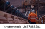 Construction engineers walking alongside material conveyor belts at a mineral processing plant