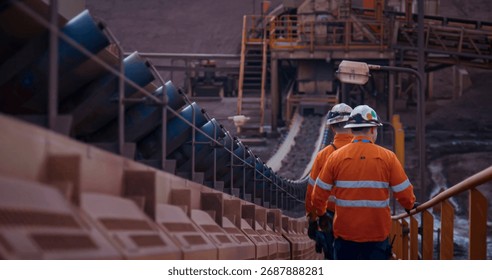 Construction engineers walking alongside material conveyor belts at a mineral processing plant