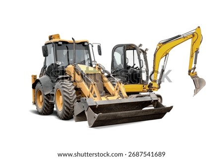 Construction equipment with a loader and mini excavator on an isolated white background. The equipment is designed for various earthmoving tasks. Construction equipment rental and hire.