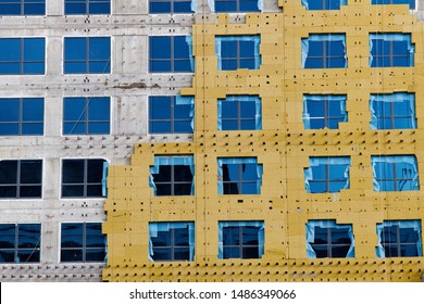 Construction Of External Wall Thermal Insulation With Rock Wool. Exterior Passive House Wall Heat Insulation With Mineral Wool. Insulation The Facade Of Commercial Building. Energy Efficiency