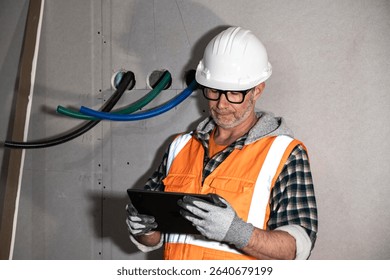 Construction foreman in PPE using a digital tablet to check blueprints on an indoor jobsite with visible conduit pipes and drywall