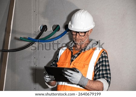 Construction foreman in PPE using a digital tablet to check blueprints on an indoor jobsite with visible conduit pipes and drywall