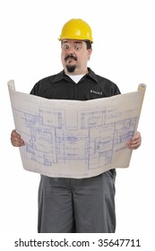 Construction Foreman With Yellow Hard Hat And Blue Prints Isolated On A White Background