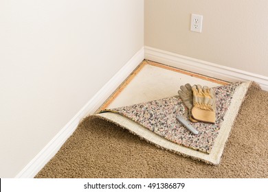 Construction Gloves and Utility Knife On Pulled Back Carpet and Pad In Room.