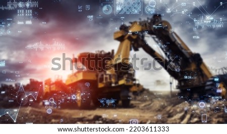 Construction heavy equipment and technology. road construction. mining industry. Wide angle visual for banners or  advertisements.
