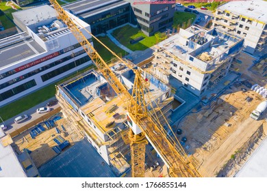 Construction Of High-rise Residential Building. Aerial View Of Construction Of High-rise Apartment Building. Warsaw Wilanow