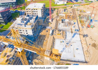 Construction Of High-rise Residential Building. Aerial View Of Construction Of High-rise Apartment Building. Warsaw Wilanow