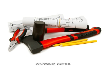 Construction House. Repair Work. Drawings For Building And Working Tools On White A Background.