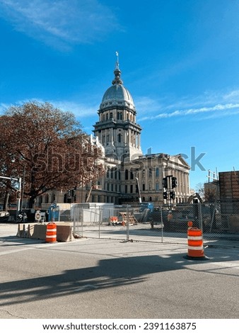 Construction at the Illinois State Capitol Building in Springfield, Illinois, USA. Construction zone with fencing and barricades as crews continue work on a major multi-million dollar renovation. 