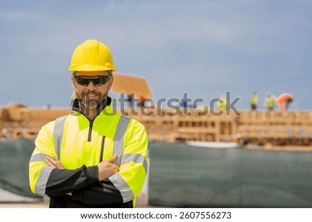 Construction manager. Builder man. Worker with hardhat. Industry worker at construction. Builder civil engineer at site building. Supervisor engineer with copy space. Worker at construction site