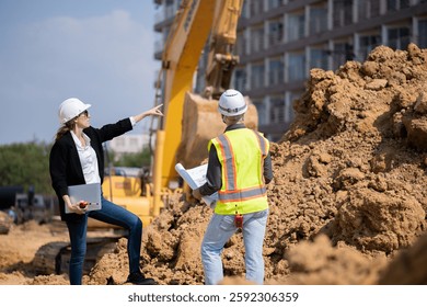 Construction Manager and engineer working construction site blueprint and laptop for survey inspection detail of construction with heavy machinery excavator constructed hi-way road background.