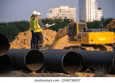 Construction Manager and engineer working construction site blueprint for survey inspection detail of construction with pipe heavy machinery excavator constructed hi-way road background.