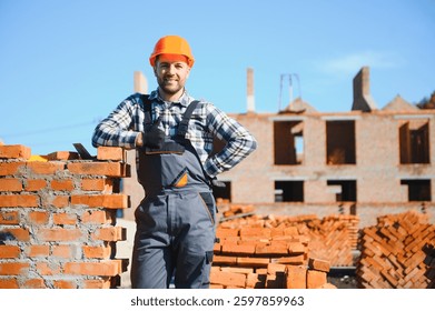 construction mason worker bricklayer installing red brick with trowel putty knife outdoors.