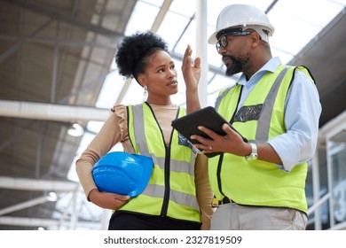 Construction, meeting and people with tablet for planning, property development and engineering design. Collaboration, teamwork and workers on digital tech in discussion for renovation ideas on site - Powered by Shutterstock