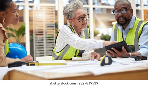 Construction meeting, tablet and engineering people with blueprint teamwork, collaboration and online progress. Project management, digital tech and manager, woman or group for architecture planning - Powered by Shutterstock