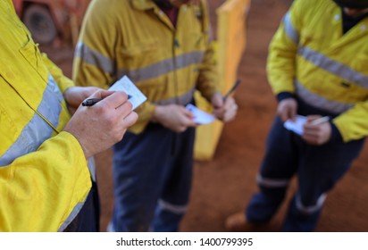 Construction Miner Workers Conducting Self Risk Assessment Knowing As Take Five Or Taking Control Step Prior To Work Of Each Task 