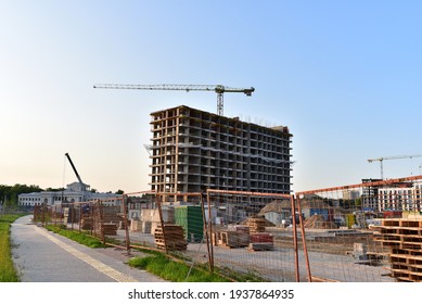 Construction of the 'Minsk World' residential complex by Dana Holdings. Out of focus, possible granularity, motion blur. Minsk, Belarus, 14.07.2020