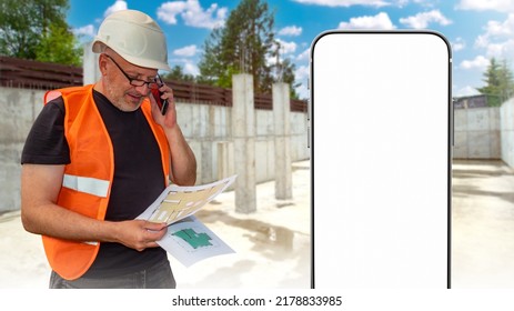 Construction mockup. Big phone near builder. Phone with blank white screen. Man builder with architectural drawings. Smartphone for construction application. Construction template. Blurred foundation