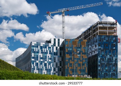 Construction Of Modern Office Buildings In Green Belt  In London.