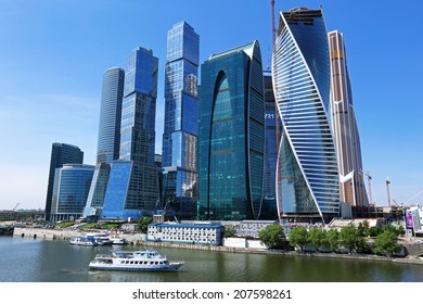 Construction of modern skyscrapers business centre at the Moscow River embankment, Russia.