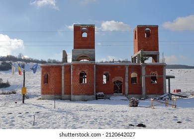 Construction Of A New Church Building In A Small Village In Romania. Color Photo.