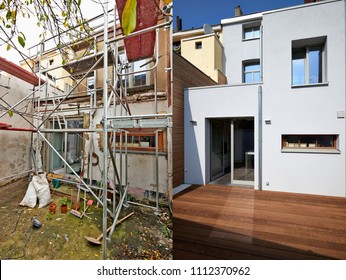 Construction of a new facade in courtyard  from old house before and after