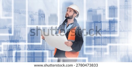 Construction planning, Architectural supervision. Engineer in hard hat studies blueprints while evaluating building site and structural development concept.