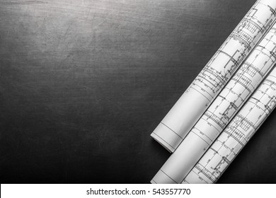 Construction Planning Drawings On Black Background