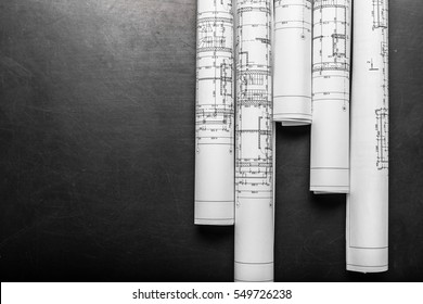 Construction Planning Drawings On Black Background