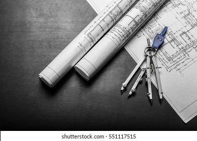 Construction Planning Drawings On Black Background