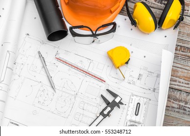 Construction Plans Helmet Drawing Tools On Stock Photo (Edit Now) 629331299