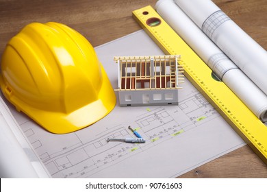 Construction Plans Helmet Drawing Tools On Stock Photo 90761603