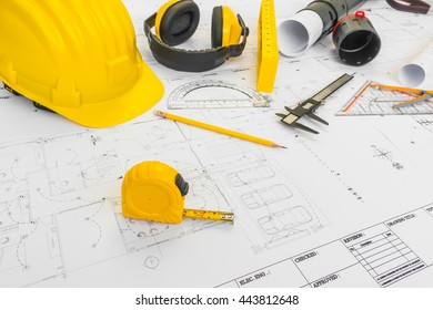 Architects Workplace Architectural Tools Blueprints Helmet Stock Photo