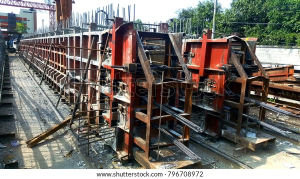Construction precast\
concrete beam in factory construction at site and stock\
yards,concrete reinforced\
beams.
