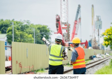 Construction professionals inspecting site progress. Two engineers in safety gear point towards urban infrastructure development, emphasizing project management and teamwork.