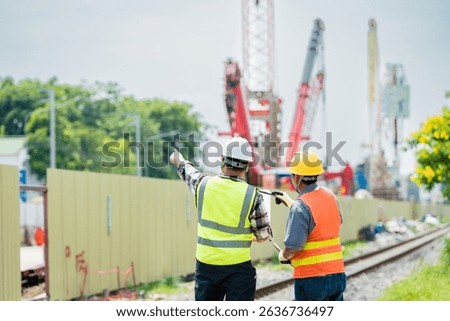 Construction professionals inspecting site progress. Two engineers in safety gear point towards urban infrastructure development, emphasizing project management and teamwork.