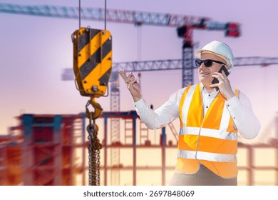 Construction project coordination by site manager in safety vest and helmet, talking on phone near crane hook, supervising building operations and heavy equipment work.