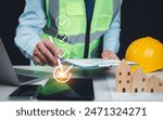 Construction project inspection, Approved Buildings Permit concept with approved residential building project, Architect or engineer Checking the list of documents and approving the project 
