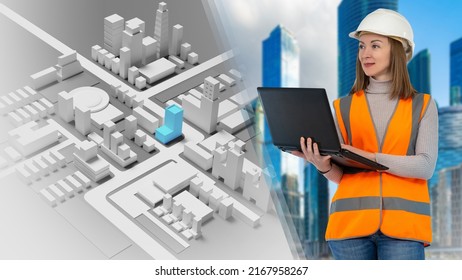 Construction project management, architecture planning. City mockup and female architect. Woman civil engineer with laptop. Architect work. Architectural projects. 3d image - Powered by Shutterstock