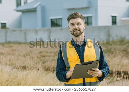Construction Project manager, Worker happy smile, Caucasian engineer male standing wearing safety vest and helmet at construction site.