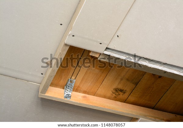 Construction Room Drywall Making Suspended Ceiling Stock Photo