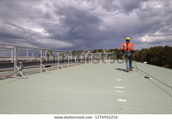 Construction safety inspector wearing fall safety\
harness walking on the roof by clipping safety rope on fall arrest,\
fall restraint   horizontal safety line while inspecting fixed roof\
anchor points 