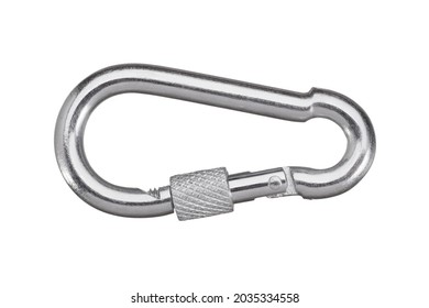 Construction screw-lock carabiner from stainless steel isolated on white background. Compact screw carabiner